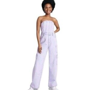 Wild Fable Tube Cargo Wide-Leg Denim Jumpsuit Women's Small Stone Wash Lavender